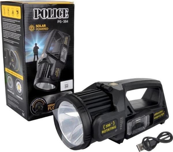 Police PS-384 Şarjlı Güneş Enerjili  Spot Fener (350° Döner Başlık) - Image 1