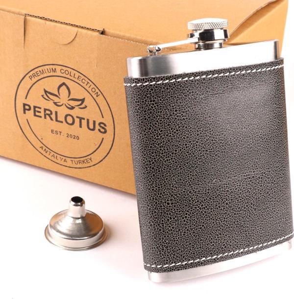 Perlotus El Dikişi Gri Hakiki Derili 8 Oz 240 cc Hunili Çelik Viski İçki Matarası - Image 1