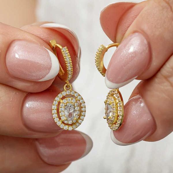 Findit Gümüş Gold Oval Taşlı Sallantılı Küpe - Image 1