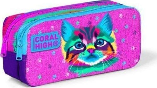Coral High Kids Mor Pembe Kedi Desenli İki Bölmeli Kalem Çantası 12050 - Image 1