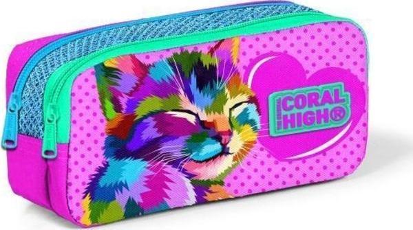Coral High Kids Pembe Mavi Simli Kedi Desenli İki Bölmeli Kalem Çantası 22185 - Image 1