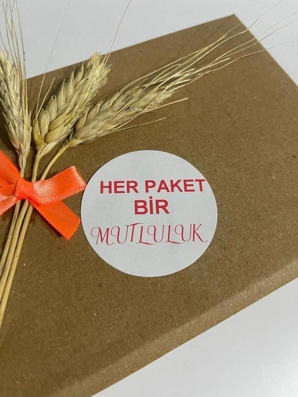 Butiksosyetik Her Paket Bir Mutluluk Kırmızı Yazılı Yuvarlak Yapışkanlı Etiket 5 x 5 cm 100 Adet - Image 1