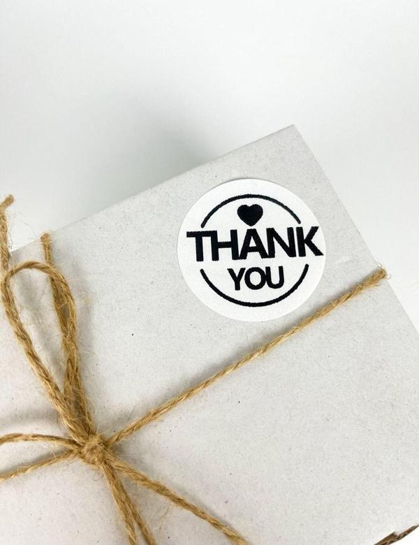 Butiksosyetik Thank You Siyah Yazı Kalpli Çerçeveli Yuvarlak 4 cm Yapışkanlı Etiket 120 Adet - Image 1