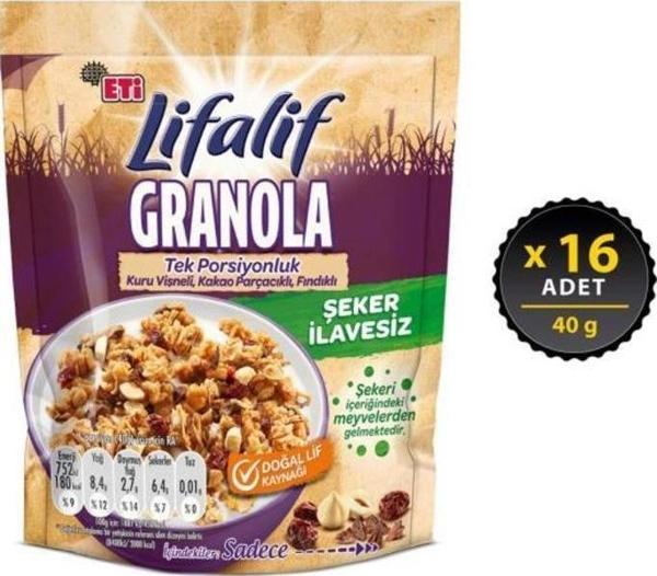 Eti Lifalif Granola Kuru Vişneli, Kakao Parçacıklı, Fındıklı 40 gr x 16 Adet - Image 1