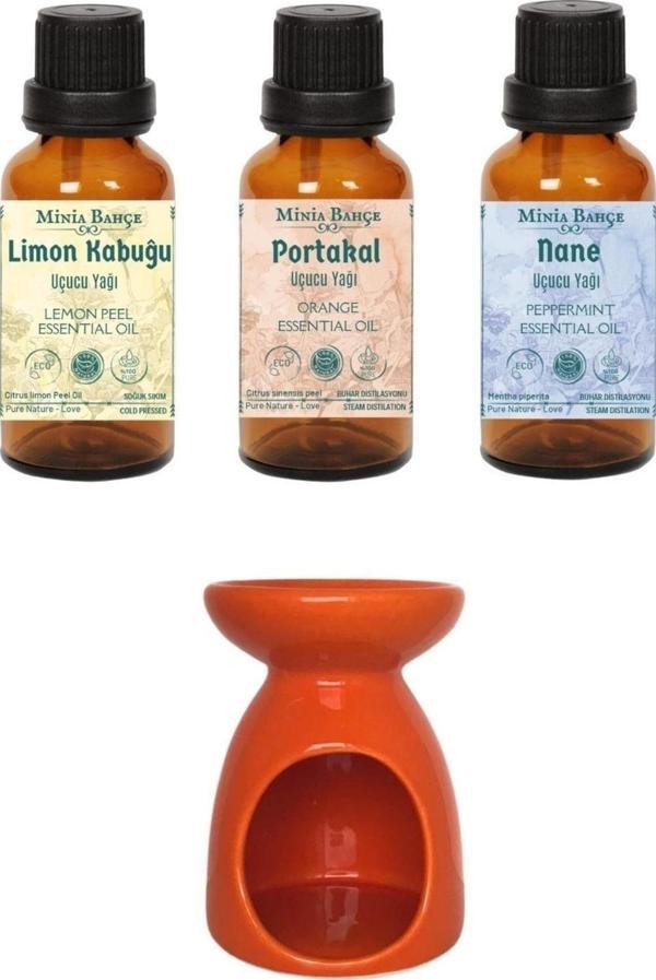 Limon Kabuğu Yağı 10ml, Portakal Yağı 10ml, Nane Yağı 10ml Ve Buhurdanlık - Image 1