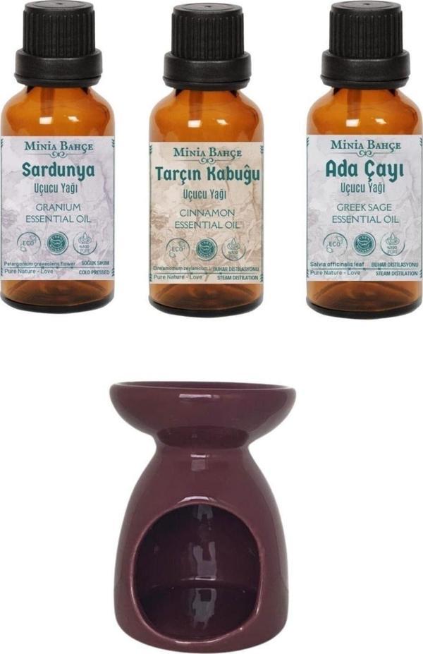 Sardunya (ıtır) Yağı 10ml, Tarçın Kabuğu Yağı 10ml, Ada Çayı Yağı 10ml Ve Buhurdanlık - Image 1