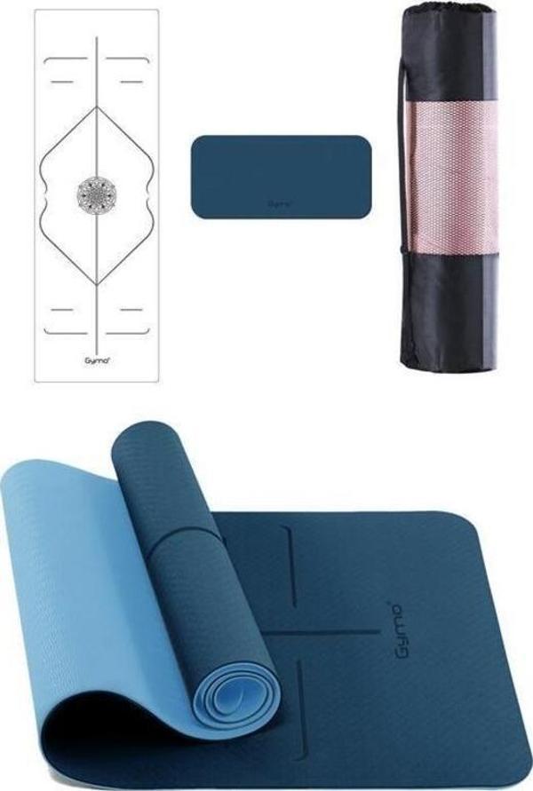 Gymo Hizalamalı 6mm TPE Yoga Matı Pilates Minderi Diz Dirsek Koruyucu Matlı Set Mavi - Image 1