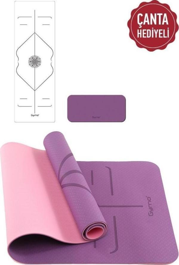 Gymo Hizalamalı 6mm TPE Yoga Matı Pilates Minderi Diz Dirsek Koruyucu Matlı Set Mürdüm - Image 1