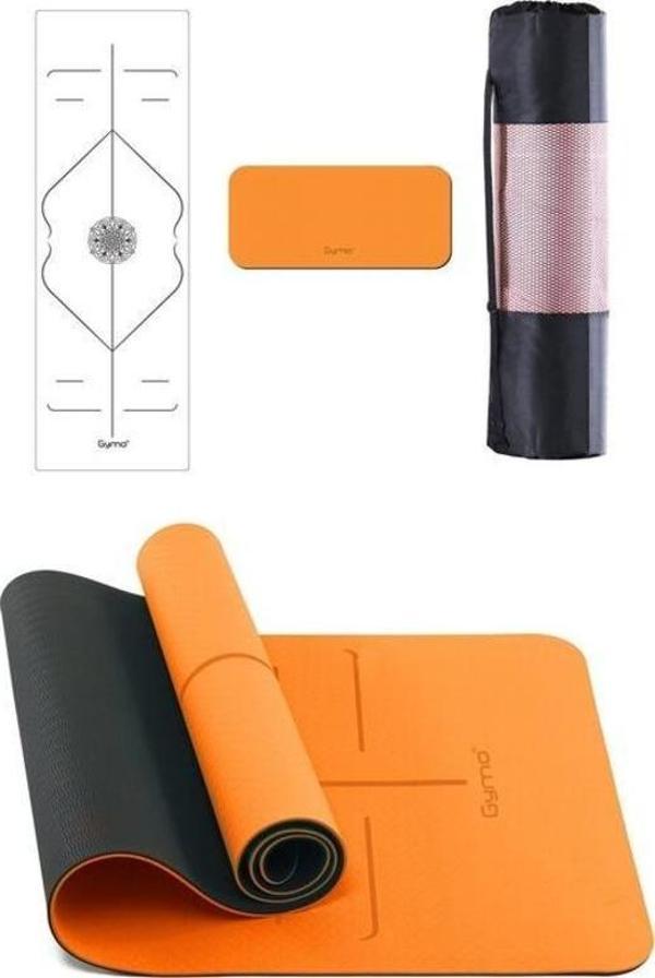 Gymo Hizalamalı 6mm TPE Yoga Matı Pilates Minderi Diz Dirsek Koruyucu Matlı Set Turuncu - Image 1