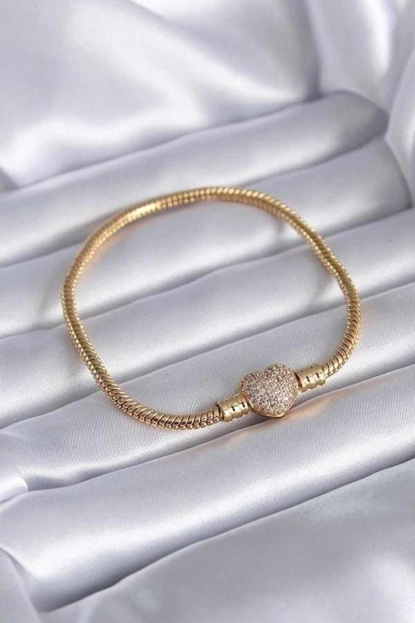 Findit Gold Renk Pirinç Charm Zirkon Taşlı Kalp Model  Kadın Bileklik - Image 1