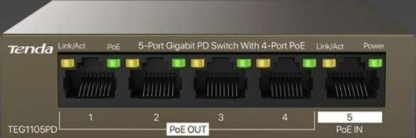 Tenda TEG1105PD 5 Port 4 Port Poe+ 1 Port Poe+ İN 10-100-1000 Switch Çelik Kasa Rack Mount - Image 1