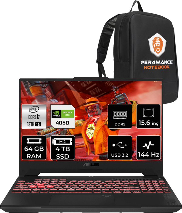 Asus Tuf Gaming F15 i7 13620H 64GB RAM 4TB SSD RTX4050/6GB 144Hz 15.6" FHD FDOS LP261 & PER4 Çanta - Image 1