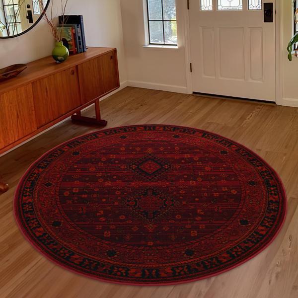 Afgan Türkmen Otantik Desenli Dokuma Bordo Yuvarlak Oturma Odası Salon Mutfak Halısı 2959H - Image 1