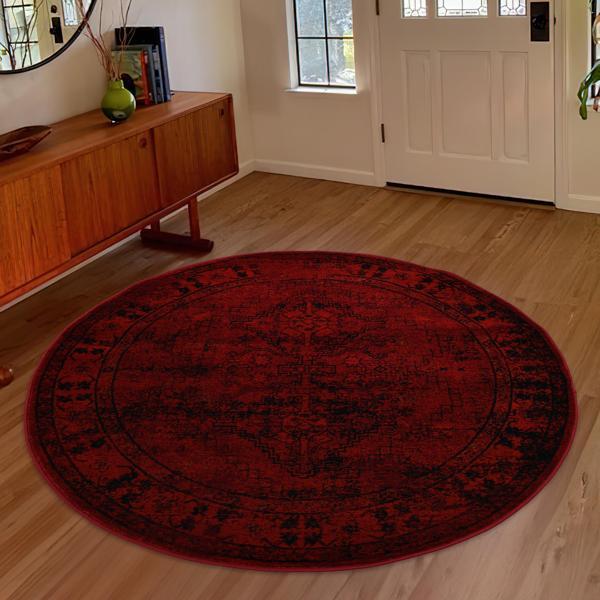 Afgan Türkmen Otantik Desenli Dokuma Bordo Yuvarlak Oturma Odası Salon Mutfak Halısı 4897H - Image 1