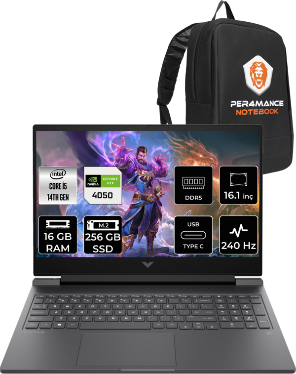 HP Victus 16 i5 14500HX 16GB 256GB SSD RTX4050/6GB 240HZ 16.1'' QHD FDOS 9J204EA & PER4 Çanta - Image 1