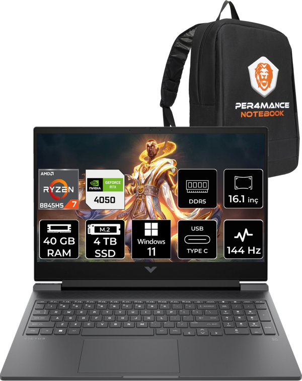 HP Victus 16 R7 8845HS 40GB RAM 4TB SSD RTX4050/6GB 144HZ 16.1'' FHD W11HOME 9Z794EA & PER4 Çanta - Image 1