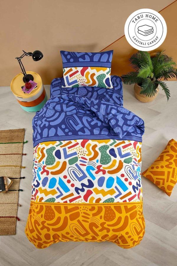 Tabu Home Doodle Renkli Çarşafı Lastikli Tek Kişilik Nevresim Takımı - Image 1