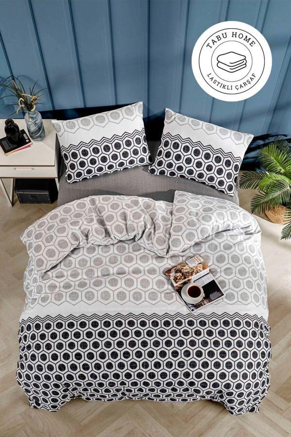 Tabu Home Geometrik Çarşafı Lastikli Antrasit Çift Kişilik Nevresim Takımı - Image 1