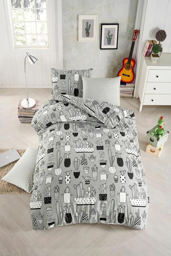 Tabu Home Kaktüslü Gri Tek Kişilik Nevresim Seti - Image 1