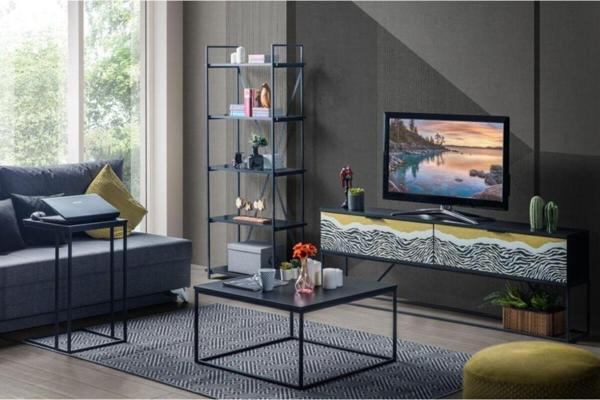 MİLVAKİ Tv Ünitesi, Orta Sehpa, Yan Sehpa, Kitaplık, Siyah, 4'lü Set, Metal Ayaklı, Khumba Oda Seti - Image 1