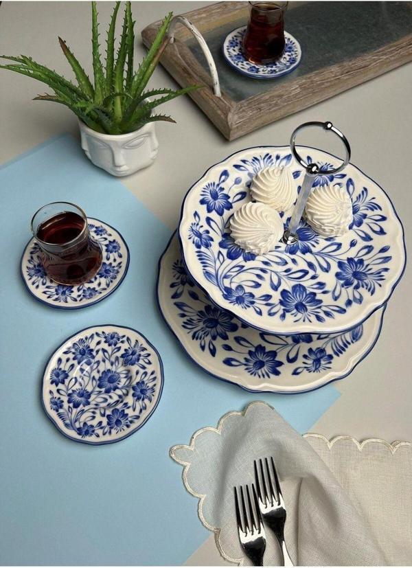 Jamuor Mess Fulya Porselen Katlı Kurabiyelik Ve 6 Lı Çay Tabağı 12Cm - Image 1
