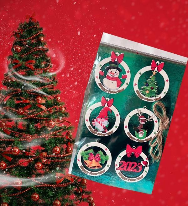 Ahşap Çam Ağacı Süsü - 6.5x6.5 cm 6'li SET,2 Paket -12 Adet SÜS - Image 1