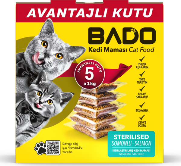 Bado Kısırlaştırılmış Yetişkin Kedi Maması Somonlu 5x1kg - Image 1