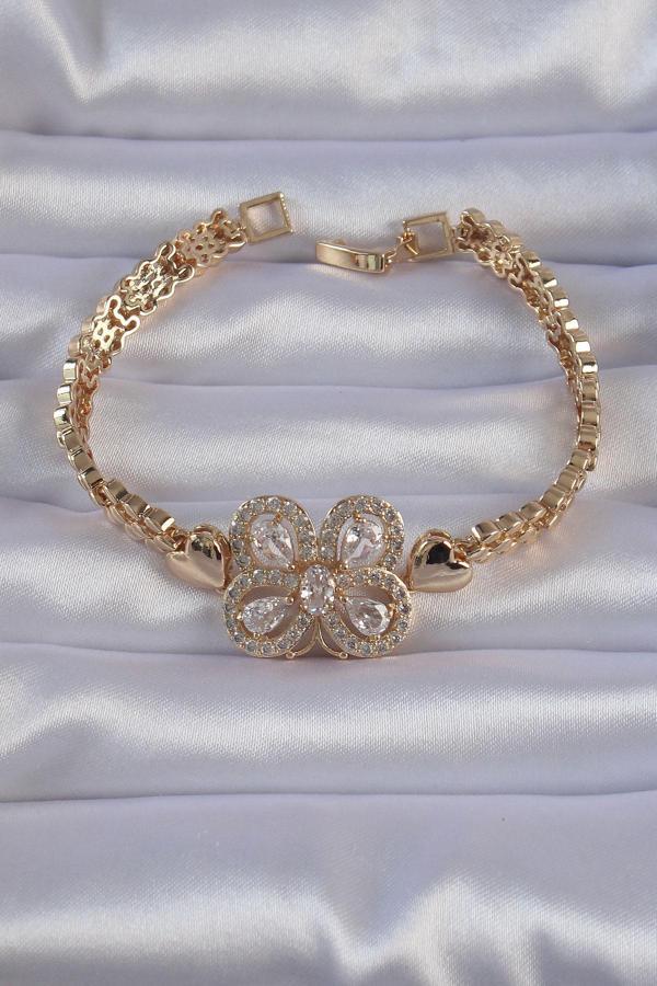 Pirinç Gold Renk Zirkon Taşlı Kelebek Figürlü Parçalı Model Bileklik - EBJ240714W25421 - Image 1