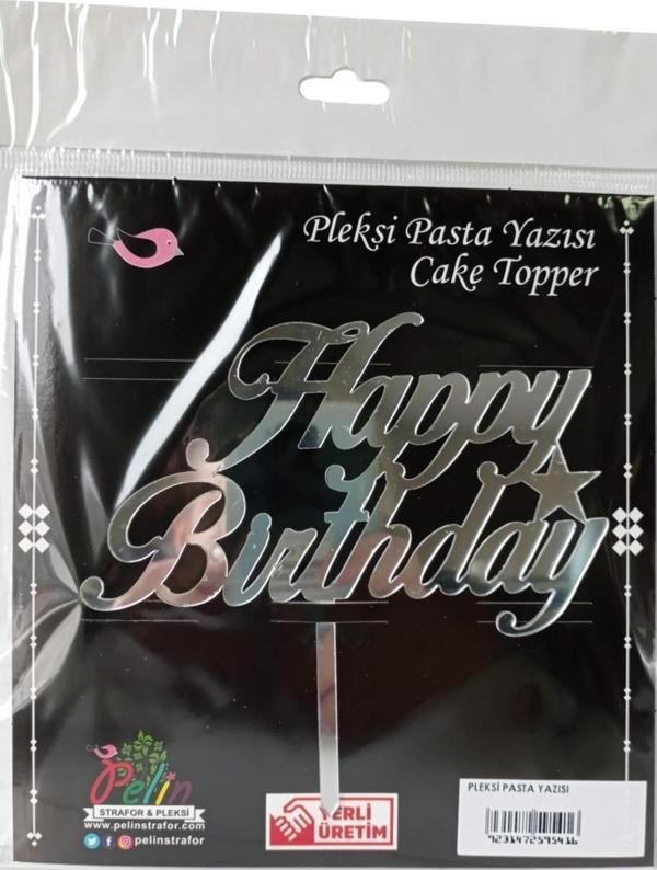 Happy Birthday Yazılı Aynalı Pleksi Gümüş - Image 1