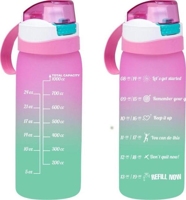 Herevin Matara Çift Renk Boyalı Ölçü Baskılı Pembe 1 Litre Matara Suluk - Image 1