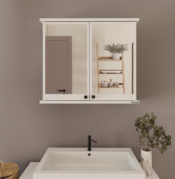 Furniqo AD-1 Lavabo Üstü Aynalı 2 Kapaklı Beyaz Banyo Dolabı - Image 1