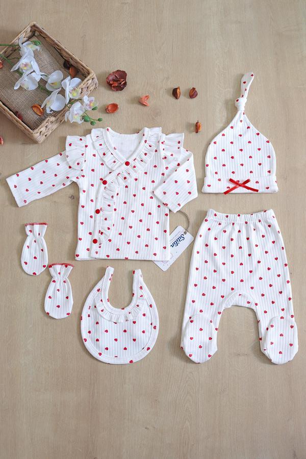 Kız Bebek Beyaz Kalpli Lüks Süslü 5 Li Hastane Çıkışı Yenidoğan Set STL6398 - Image 1