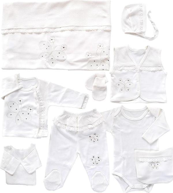 Kız Bebek Ekru Kelebekli Fistolu % 100 Pamuk 10 Lu Hastane Çıkışı Seti STL6512 - Image 1