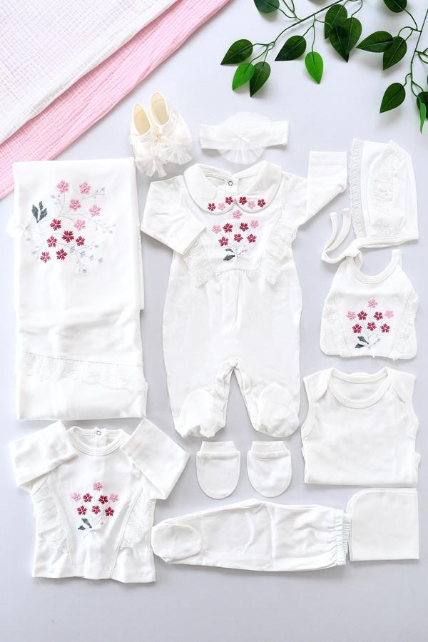 Kız Bebek Ekru Lüks Süslü Dantelli Kanaviçeli % 100 Pamuk 10 Lu Hastane Çıkışı Seti STL6558 - Image 1