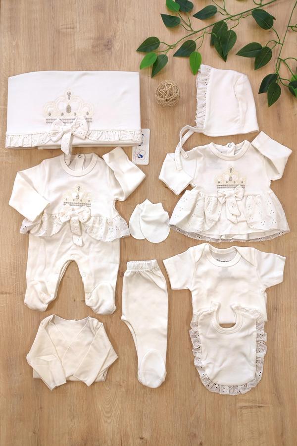 Kız Bebek Natıral Pamuk Kumaş Fistolu Dantelli Lüks 10 Lu Hastane Çıkışı Set STL6635 - Image 1