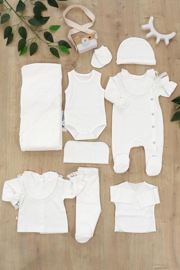 Kız Bebek Natıral Pamuk Kumaş Fistolu Dantelli Lüks 10 Lu Hastane Çıkışı Set STL6637 - Image 1