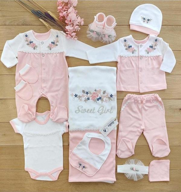 Kız Bebek Pembe 10'lu Hastane Çıkışı Natural Işlemeli Set STL46631 - Image 1