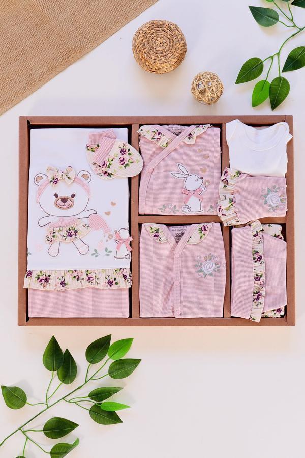 Kız Bebek Pembe Dantel Fistolu Lüks % 100 Pamuk 10 Lu Hastane Çıkışı Seti STL6504 - Image 1