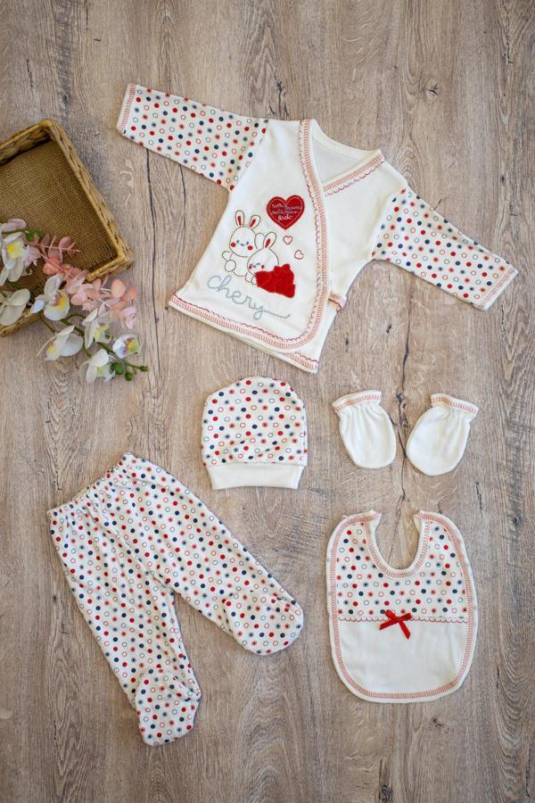 Kız Erkek Bebek Kırmızı Anne Tavşan 5 Li Hastane Çıkışı Yenidoğan Seti STL6207 - Image 1