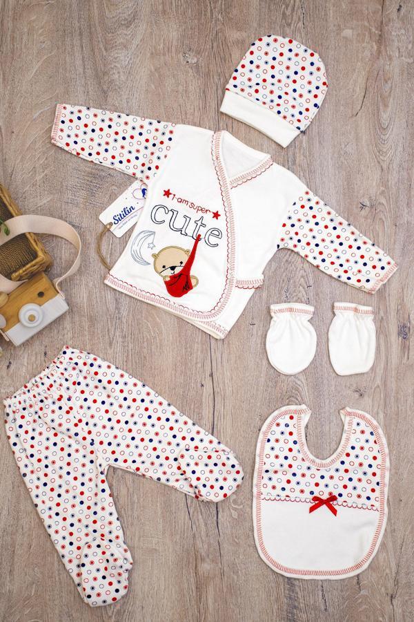 Kız Erkek Bebek Kırmızı Salıncaklı Ayı 5 Li Hastane Çıkışı Yenidoğan Seti STL6205 - Image 1