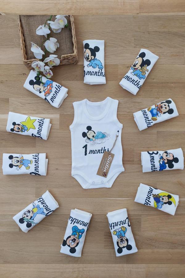 Aylık Erkek Badi Set 12 Ay Her Ay Özel Minni Baskılı Uzun Kollu Çıtçıtlı Body STL4871 - Image 1