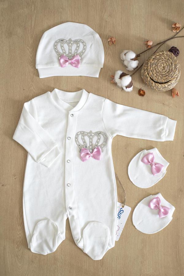 Kız Bebek Papyonlu Pembe Taşlı Süslü Tulum Seti 0-3 Ay STL6372 - Image 1
