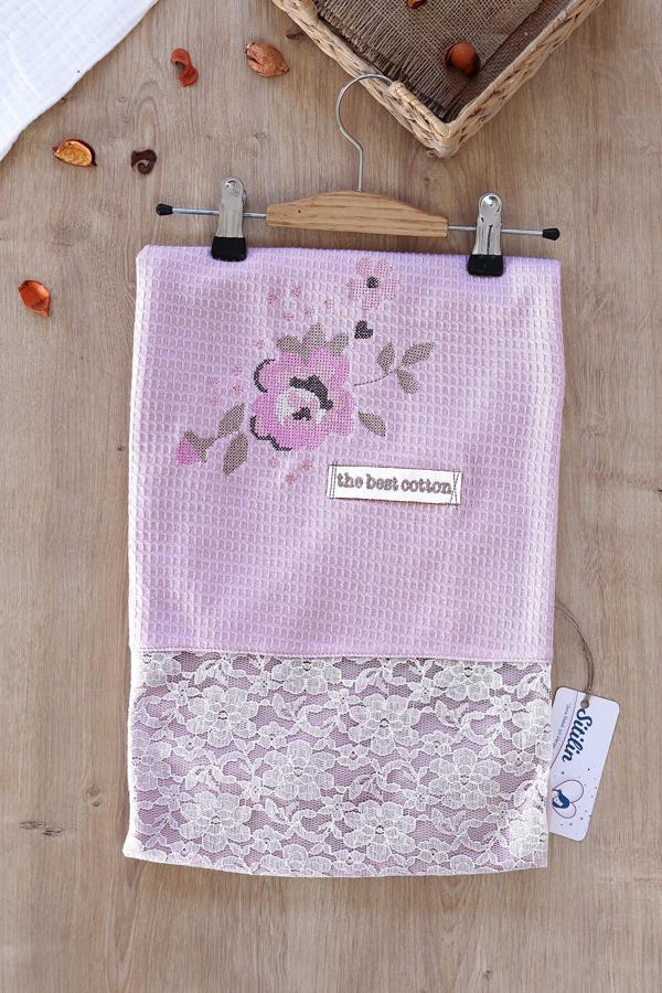 Kız Bebek Çift Katlı Kanaviçe ve Dantel Detaylı Natural Penye Battaniye STL6593 - Image 1