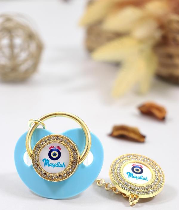 Erkek Bebek Mavi İthal Lüks Kristal Swarovski Taşlı Emzik Zincirli Askı Hediye Seti STL6643 - Image 1