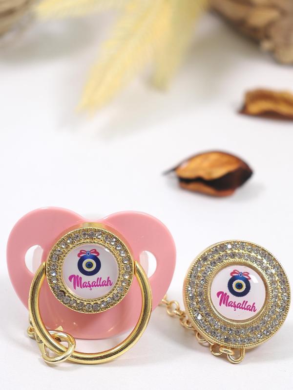 Kız Bebek İthal Lüks Kristal Swarovski Taşlı Emzik Zincirli Askı Hediye Seti STL6640 - Image 1