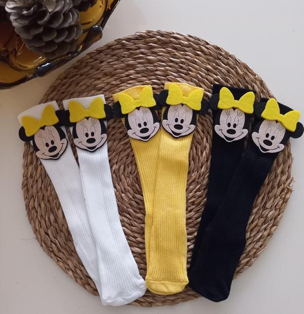 MARS BABY Kız Bebek Beyaz Sarı Siyah Mickey Minnie Mouse Keçe Figürlü Dizaltı Çorap - Image 1