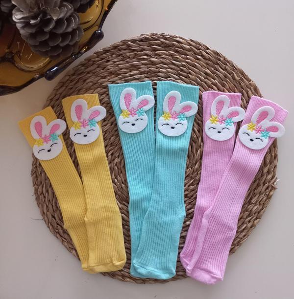MARS BABY Kız Bebek Sarı Pembe Mint Nakışlı Tavşan Keçe Figürlü Dizaltı Çorap - Image 1