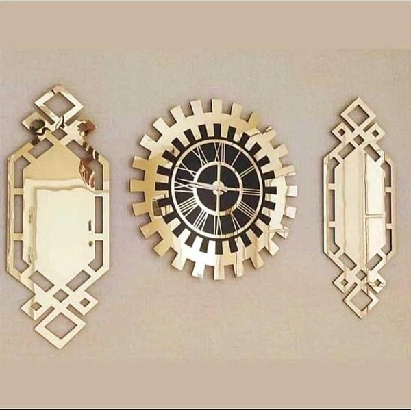 Eyka Store Altın Renk Plexiglass Ayna Piyano Model Duvar Saati, Tablo 3 Parça Set Özel Tasarım - Image 1