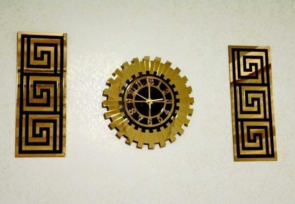 Eyka Store Dekoratif 3 Lü Set El Boyaması - Kabartmalı Pleksi Gold Aynalı Şık Duvar Saati Ve Ahşap Üzeri Dekoru - Image 1