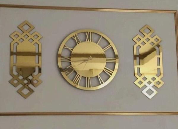 Eyka Store Dekoratif 3 Lü Set Pleksi Altın Aynalı Şık Duvar Saati Ve Dekoru - Image 1